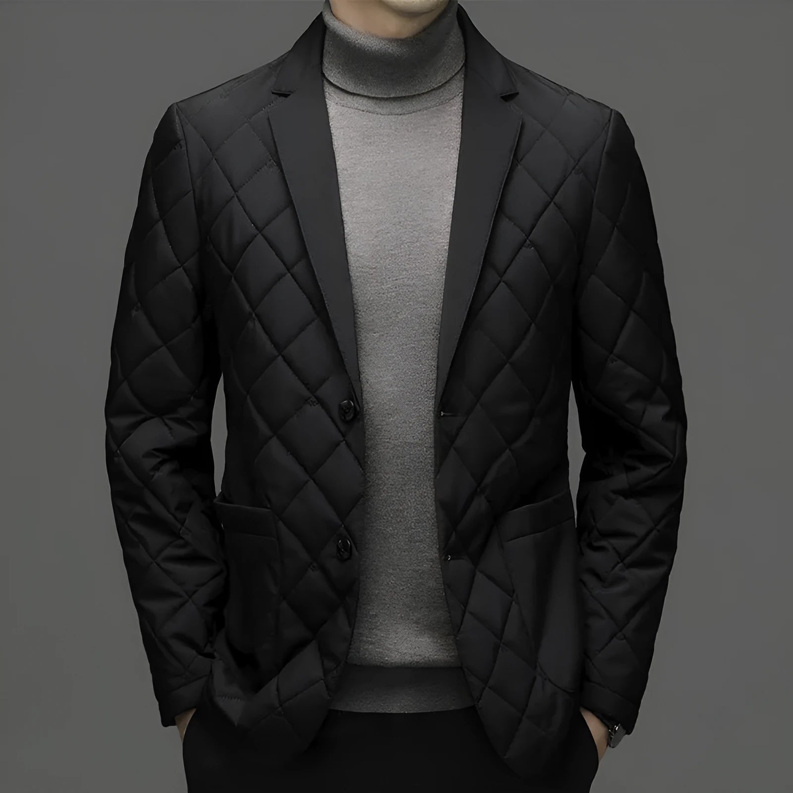 Men's black lapel-style down jacket with side pockets shown in cardigan design