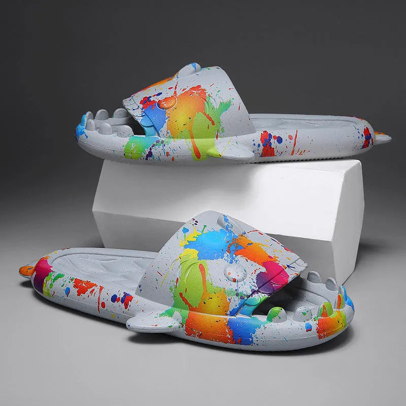 Shark-themed open toe slippers made from EVA material in beige, shown from a side view.