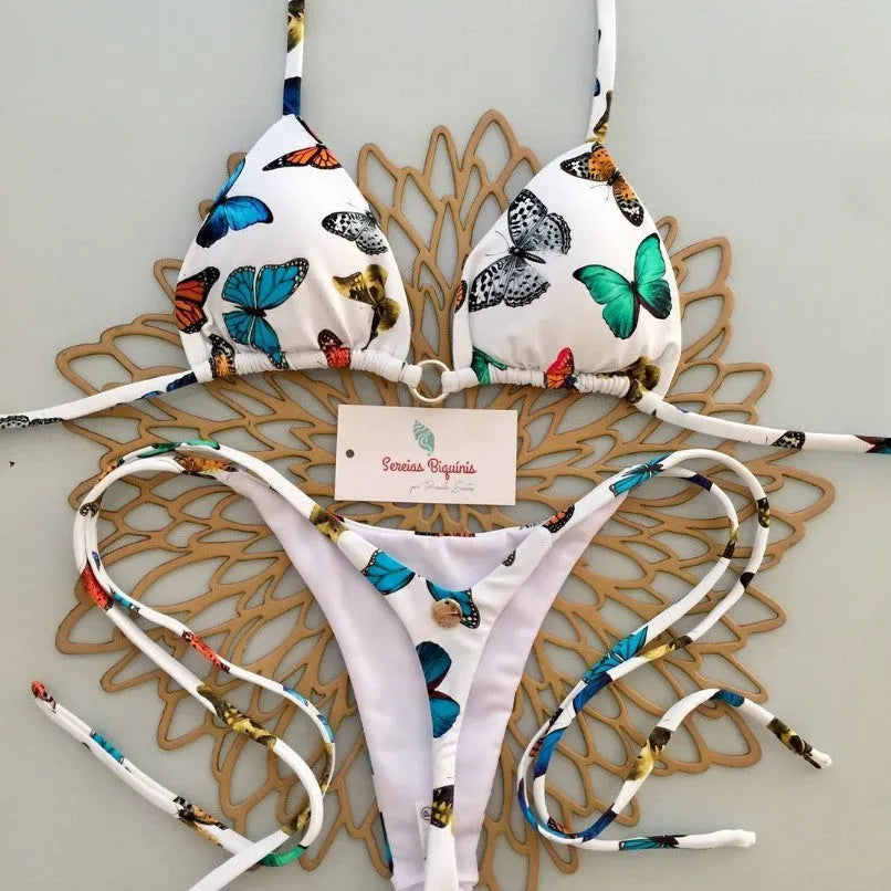 Split bikini set in high-waist Brazilian style, nylon and polyester, available in multiple colours and sizes S M L