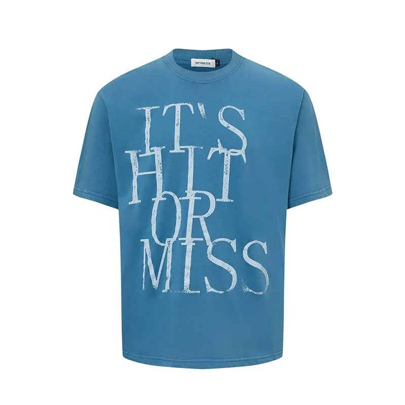 Men's blue American retro letter print cotton blend t-shirt with loose fit