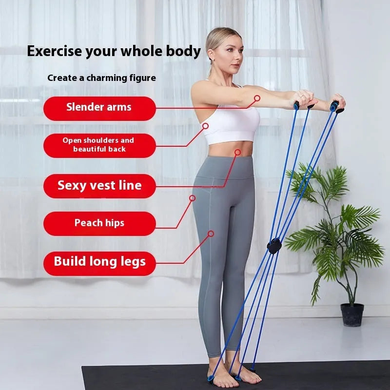 Blue or red eight-character shoulder fitness puller with TPR cross-tension device for female users.