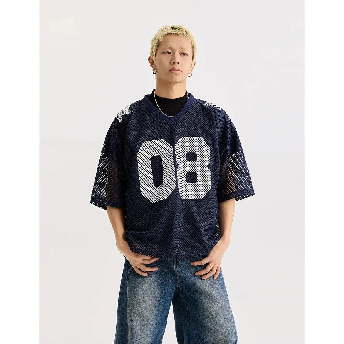 Black and navy blue half sleeve pullover shirt with letter pattern in loose fit