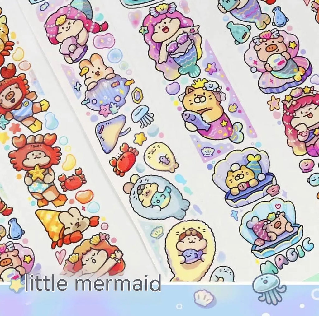 Sheet of cute cartoon character adhesive stickers for medical product packaging.