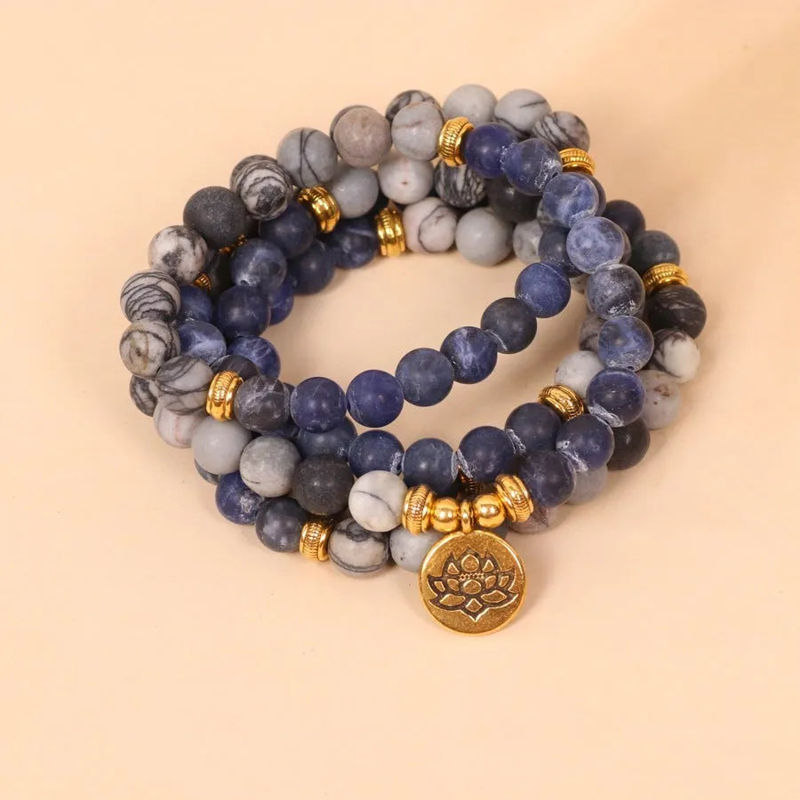 Blue patterned network stone bead multi-layer bracelet with alloy components