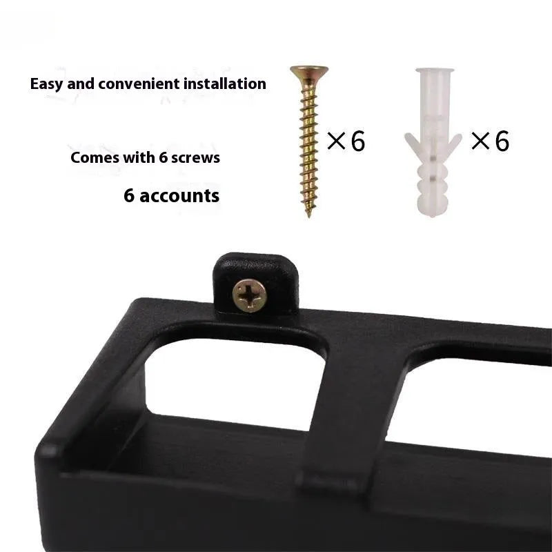 Black ABS plastic wall-mounted fishing rod holder rack showing upright and horizontal mounting styles
