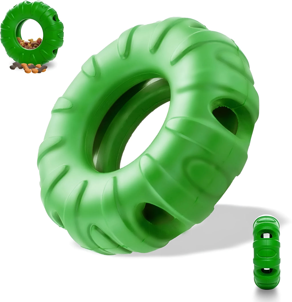 Blue natural rubber tyre-shaped dog chew toy with oval openings for treat dispensing