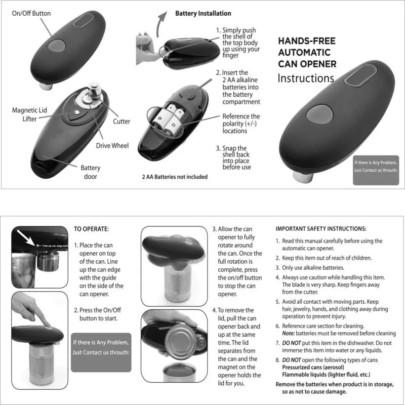 Black electric can opener with battery compartment and one-touch button