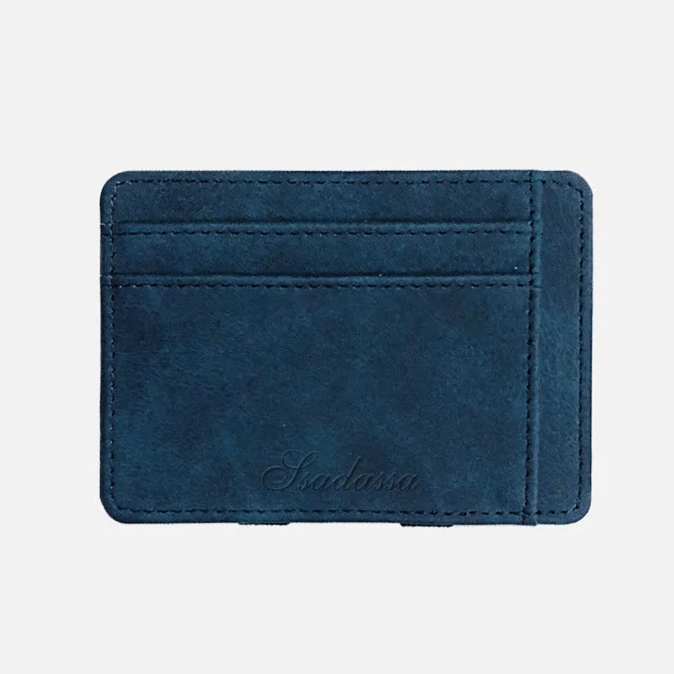 Korean style matte leather magic wallet in horizontal square shape, showing coin pocket and sewing line detail.
