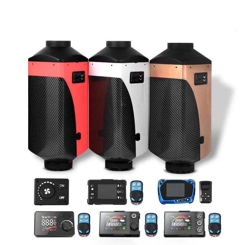 Red and black diesel air heater unit with oil pump, fuel tank, and installation components for vehicle cabin heating.