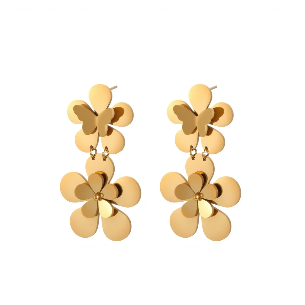 Gold-coloured stainless steel butterfly flower earrings with geometric and zodiac design elements