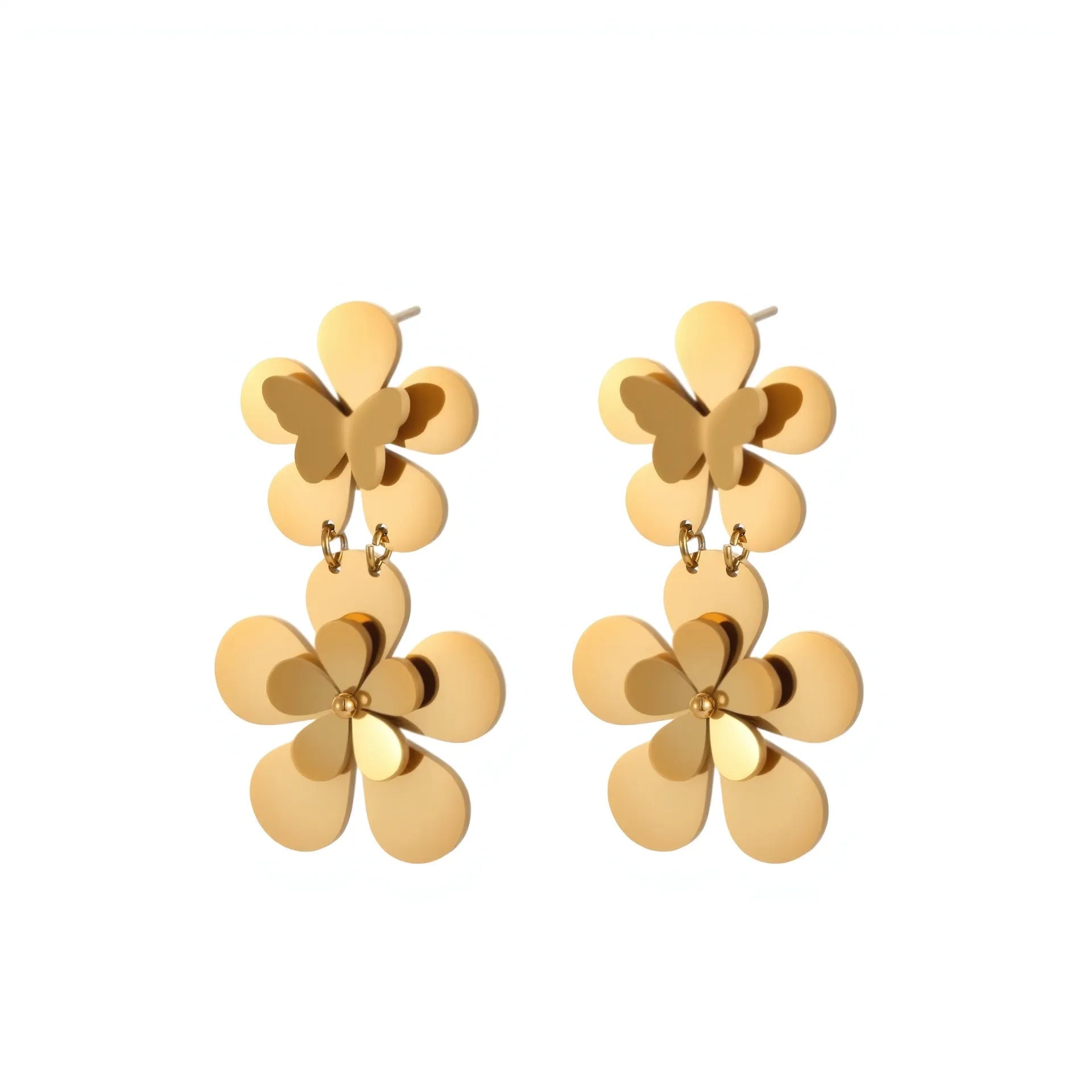 Gold-coloured stainless steel butterfly flower earrings with geometric and zodiac design elements