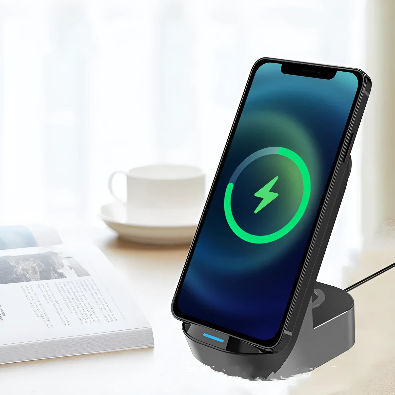 Black grey foldable 3-in-1 wireless charger stand for phone, watch, and earbuds.