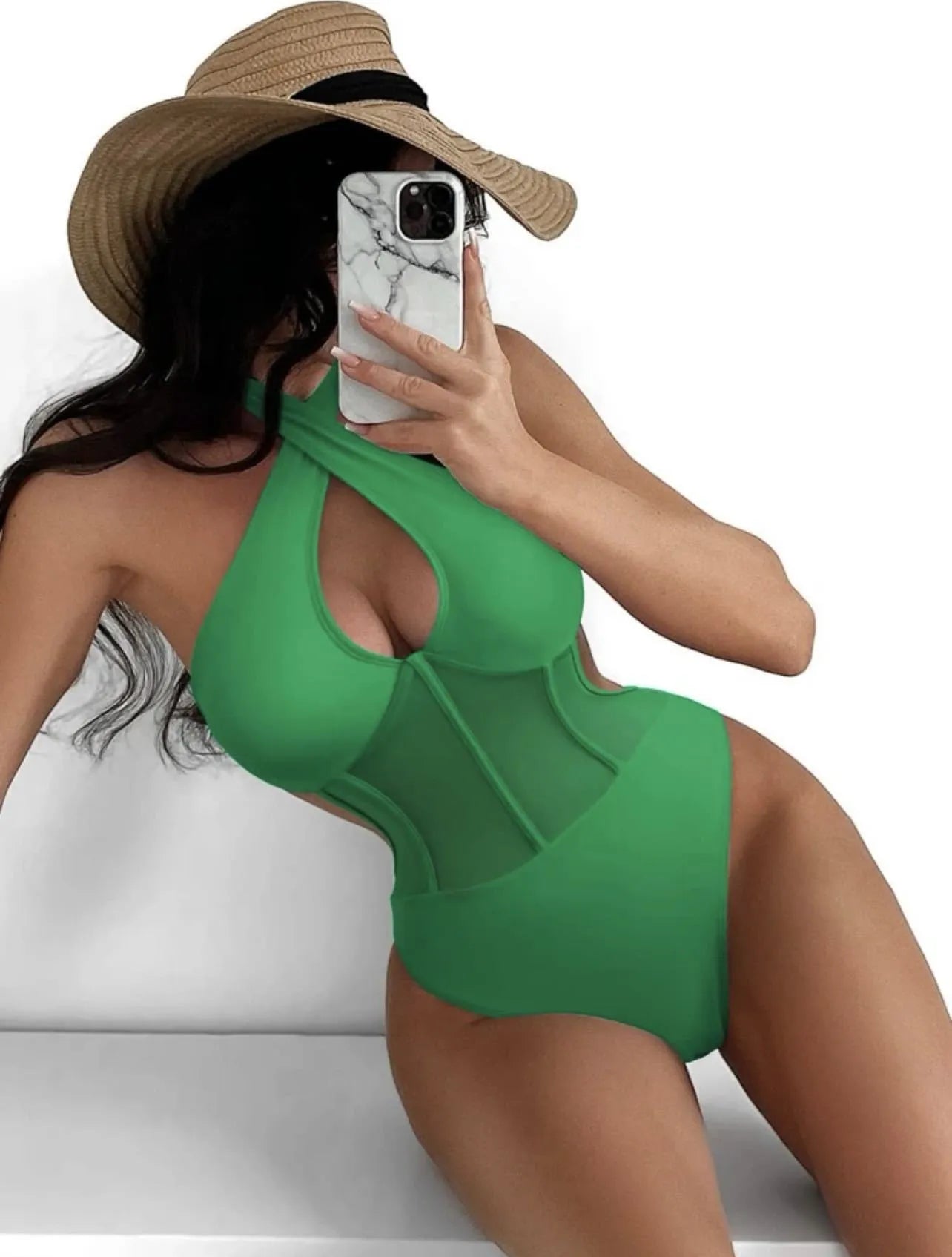Ladies' one-piece swimsuit bikini in black, rose red, and green colours on a size chart