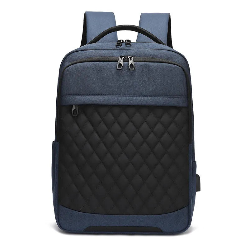 Men's Oxford cloth backpack in black, blue, or grey with curved straps and diamond mesh panels