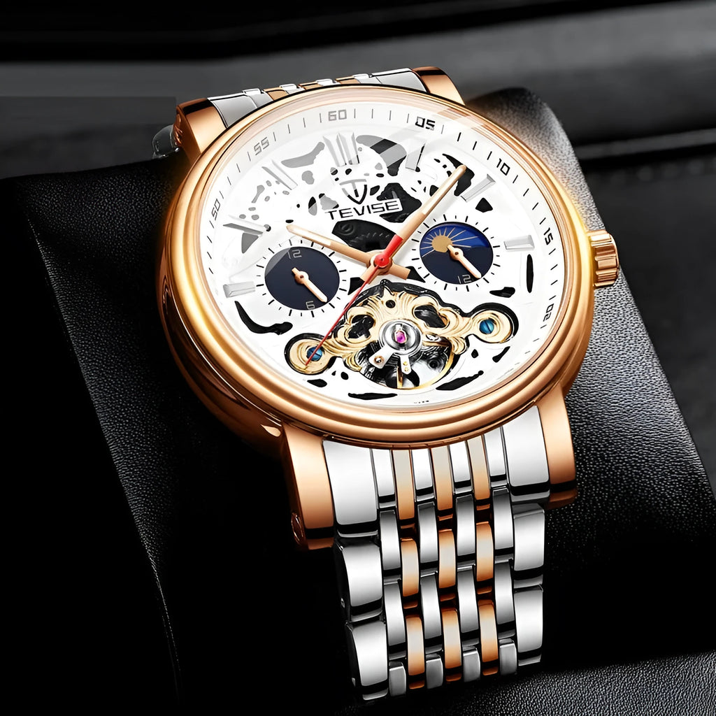 Men's fashion tourbillon watch with luminous hands on a leather strap, showing a black case.