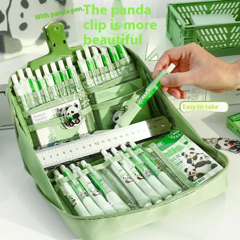 Green canvas panda pencil case with 12 zippered layers for stationery organisation