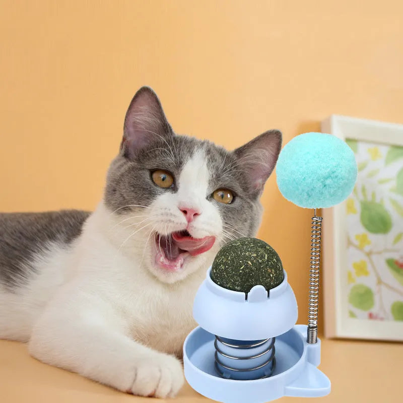 Blue interactive cat toy stick with mint ball for hairball relief and teeth cleaning