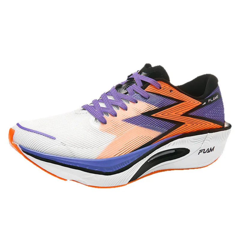 Marathon carbon plate racing running shoes in orange colour, showing low-top design and platform heel.