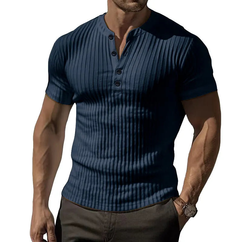 Men's slim-fit muscle T-shirt in polyester fabric showing athletic cut and solid colour options
