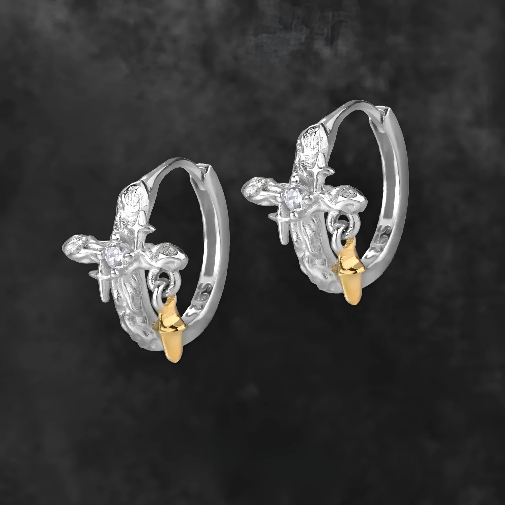925 sterling silver cross earrings with white gold plating and geometric design