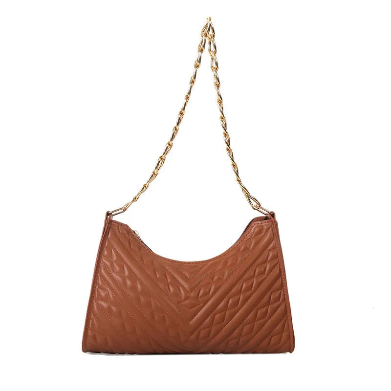 Brown pleated PU leather women's baguette shoulder bag with a chain strap and soft carry handle.