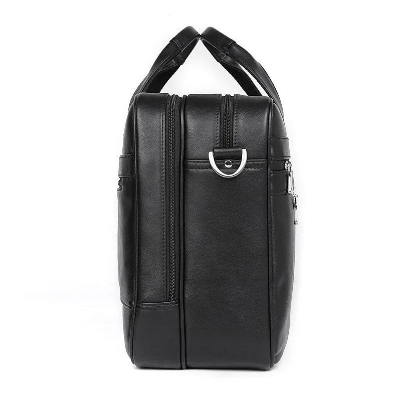 Genuine Nappa leather handbag briefcase for men, solid black, business travel bag