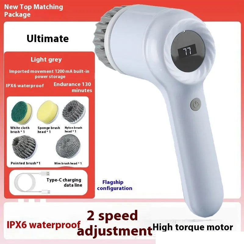 USB rechargeable electric cleaning brush in light grey or purple colour with multiple brush heads.