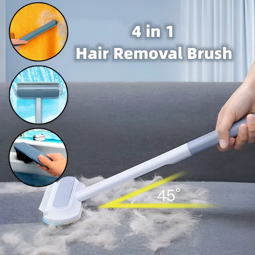 Multifunctional 4-in-1 cleaning brush with flannel head and extension handle for pet hair and screen cleaning.