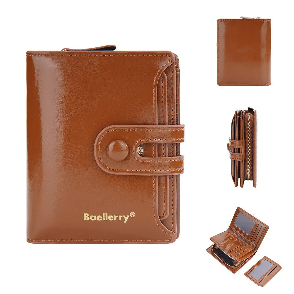 Women's PU leather card holder wallet in multiple colours showing compact design and card slots.