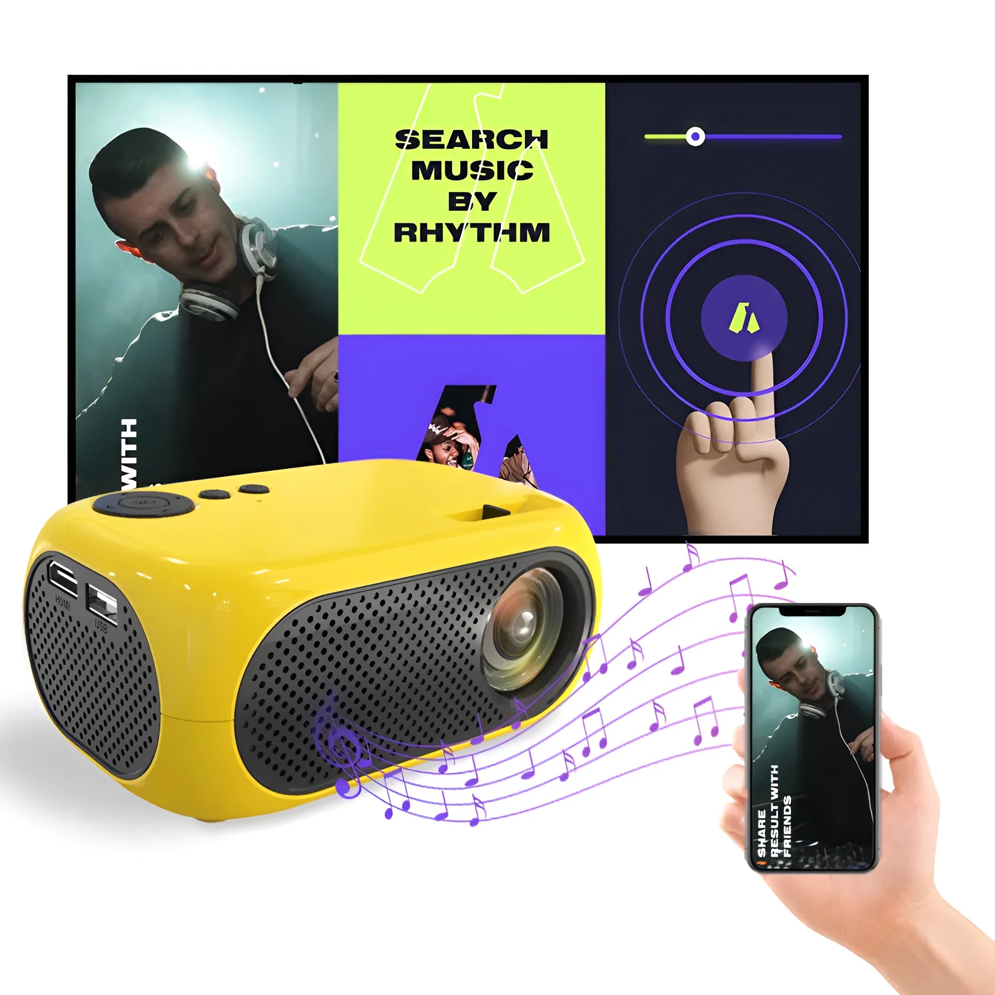 M24 micro mini portable LED projector in gold or white colour with power adapter and AV cable