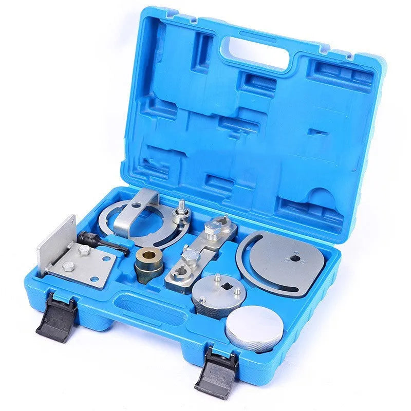 Carbon steel Volvo and Land Rover engine timing tool set with 8 pieces for camshaft alignment.