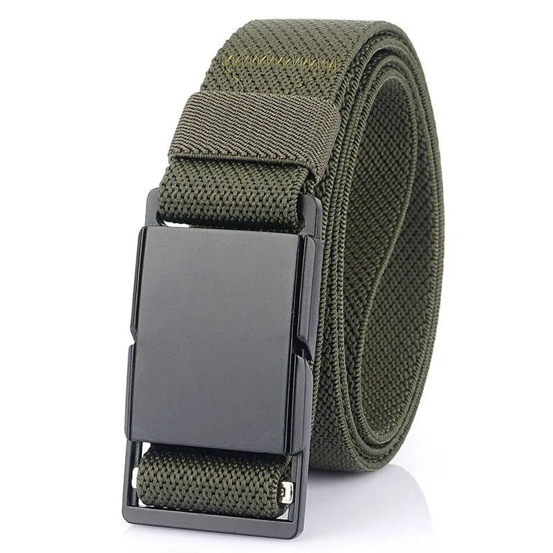 Casual metal magnetic buckle belt with polyester strap in army green colour.
