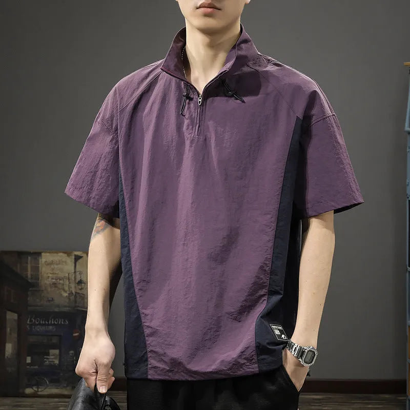 Men's brown ice silk business shirt with half zip stand collar and short sleeves showing loose fit design