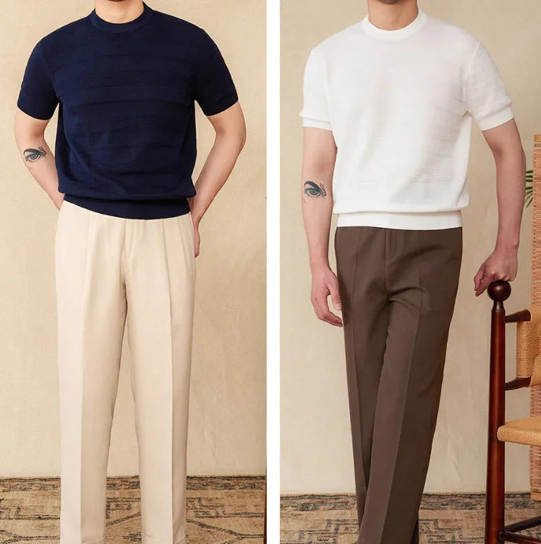 Men's beige retro-style pure cotton short-sleeve t-shirt on a hanger, showing round neck and standard sleeve design.