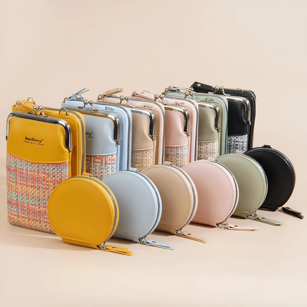Women's crossbody mini satchel phone bag in six colour options showing adjustable strap and square shape