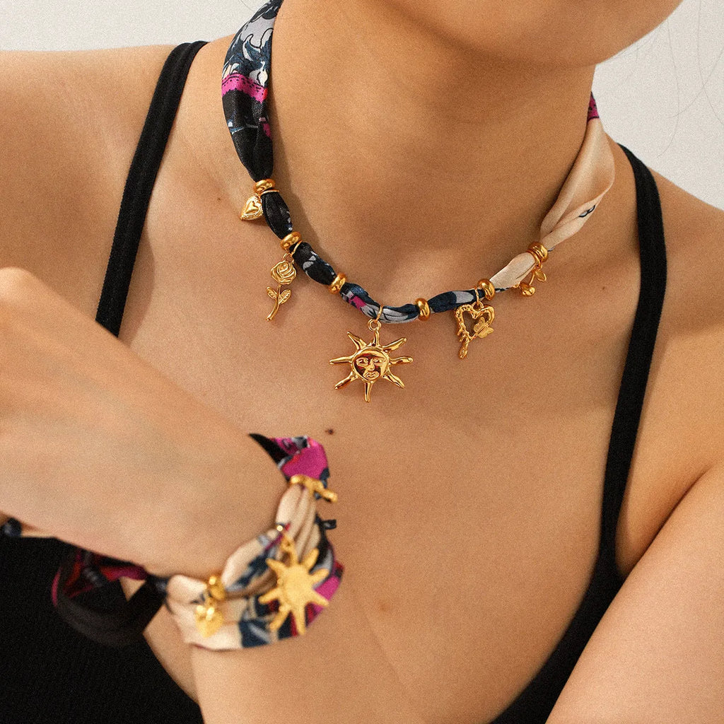 Sunflower stainless steel charm on a ribbon bracelet for children, ins style