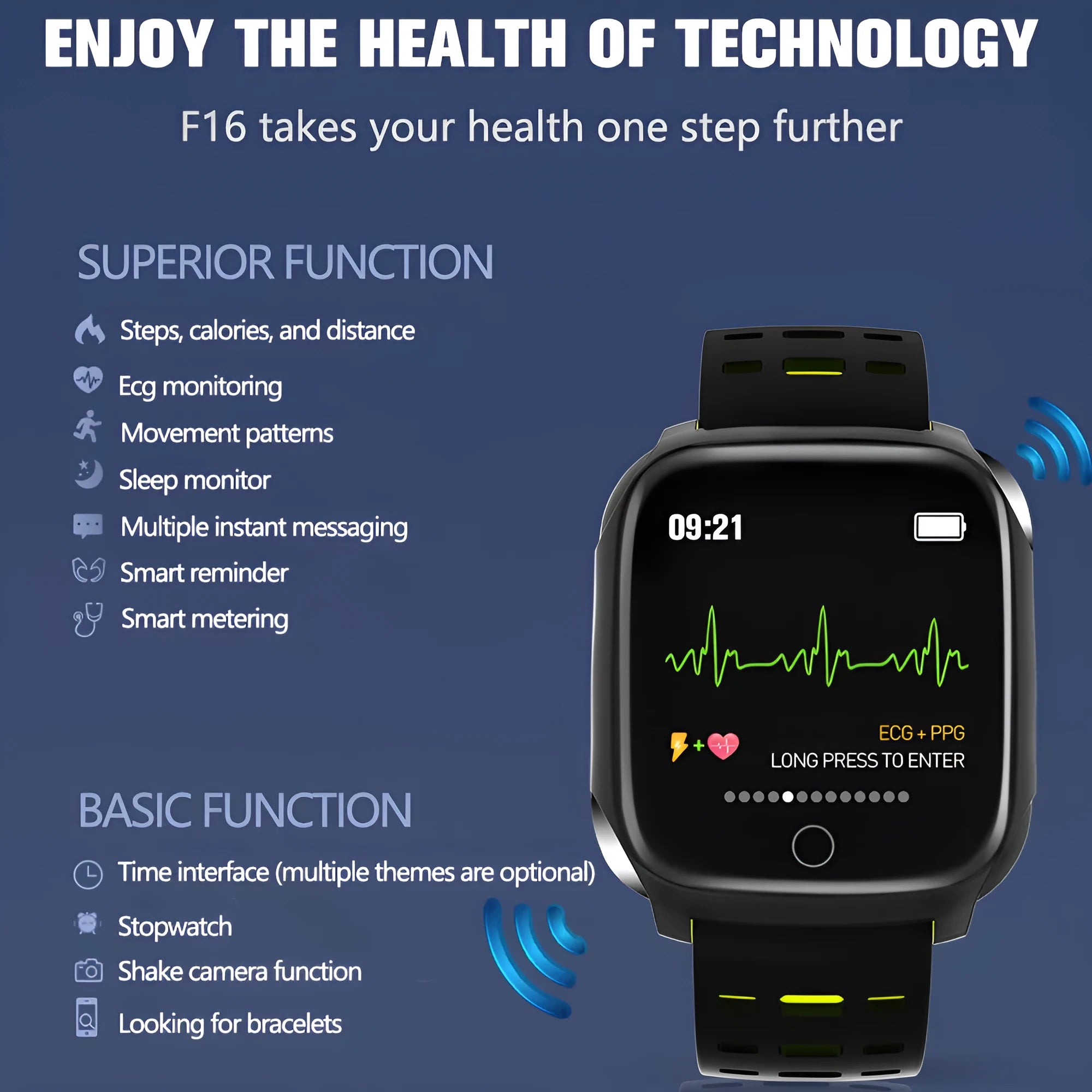 F16 smart watch with ECG monitor on a silicone wristband, showing the 43mm IPS touchscreen display.