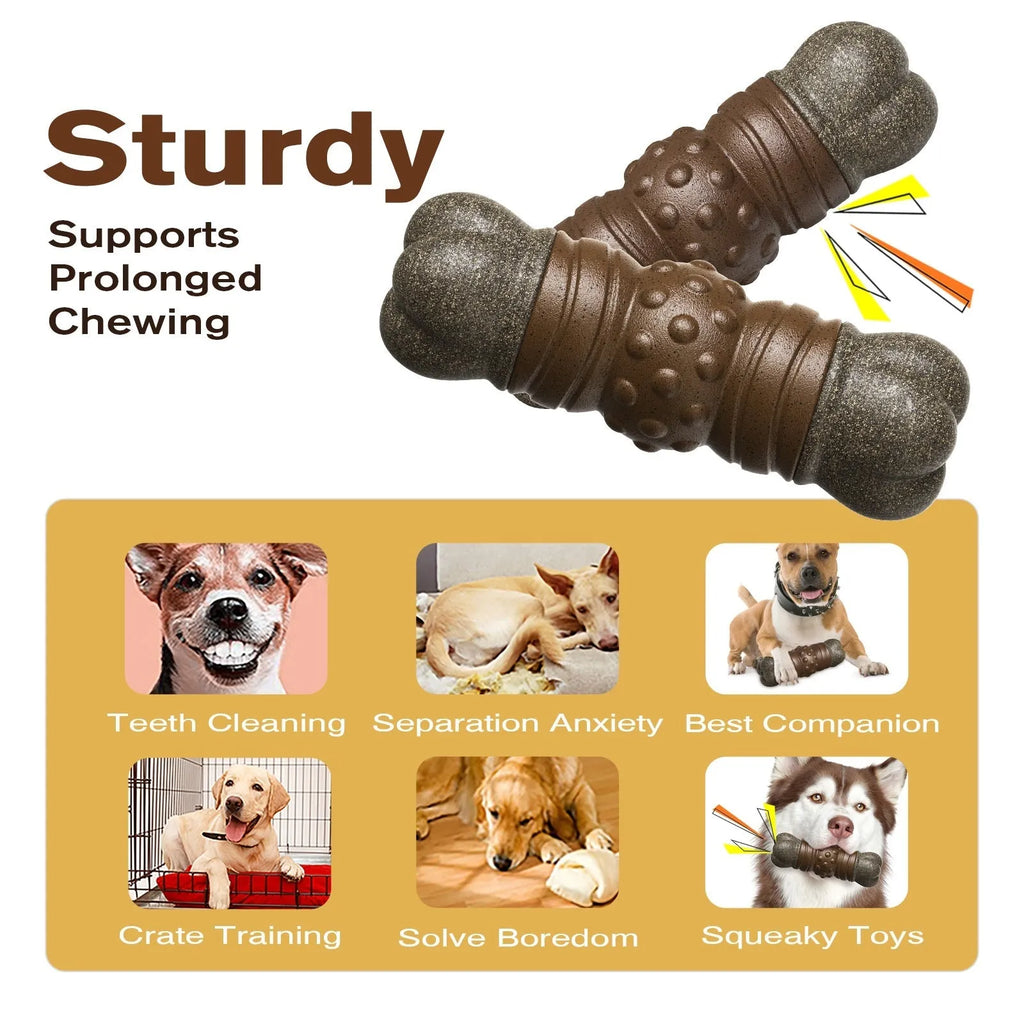 Wood colour plastic bone-shaped dog toy with a textured surface for molar cleaning.