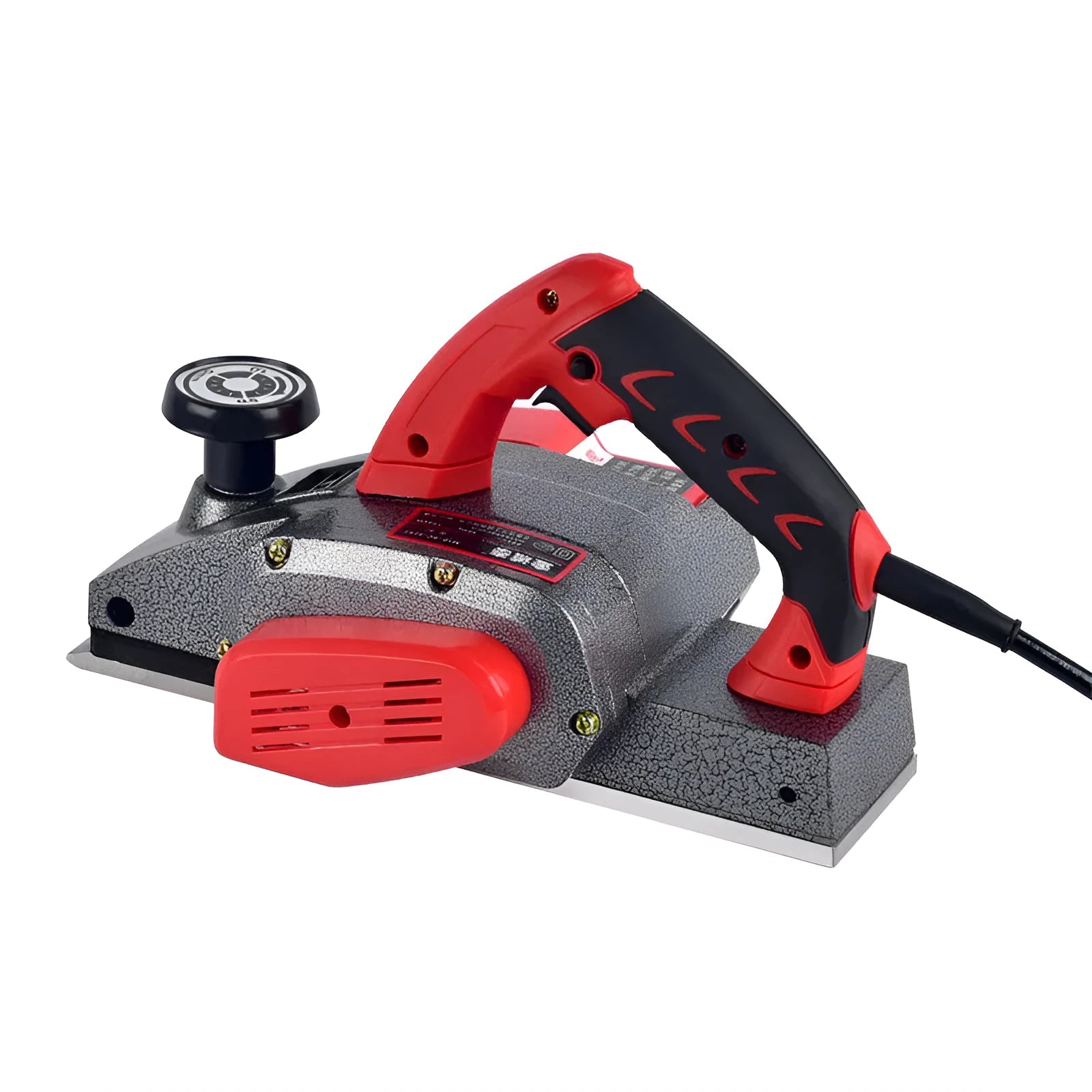 Red desktop electric wood planer with aluminium body on a workbench.