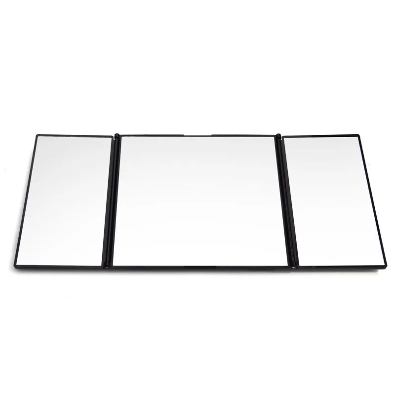 Silver car folding makeup mirror shown both closed and open with dimensions
