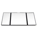 Silver car folding makeup mirror shown both closed and open with dimensions