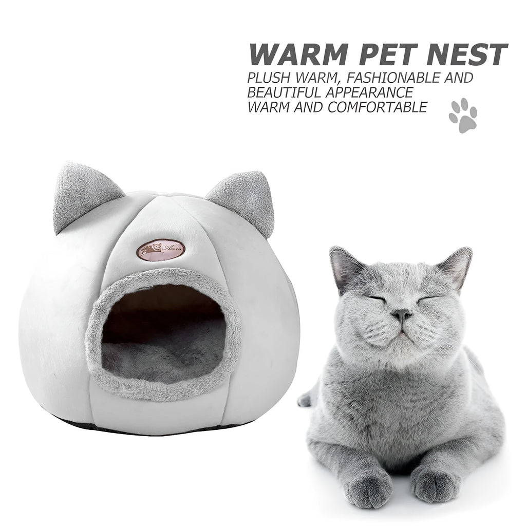 Large beige fully enclosed cat sofa winter nest with warm lining