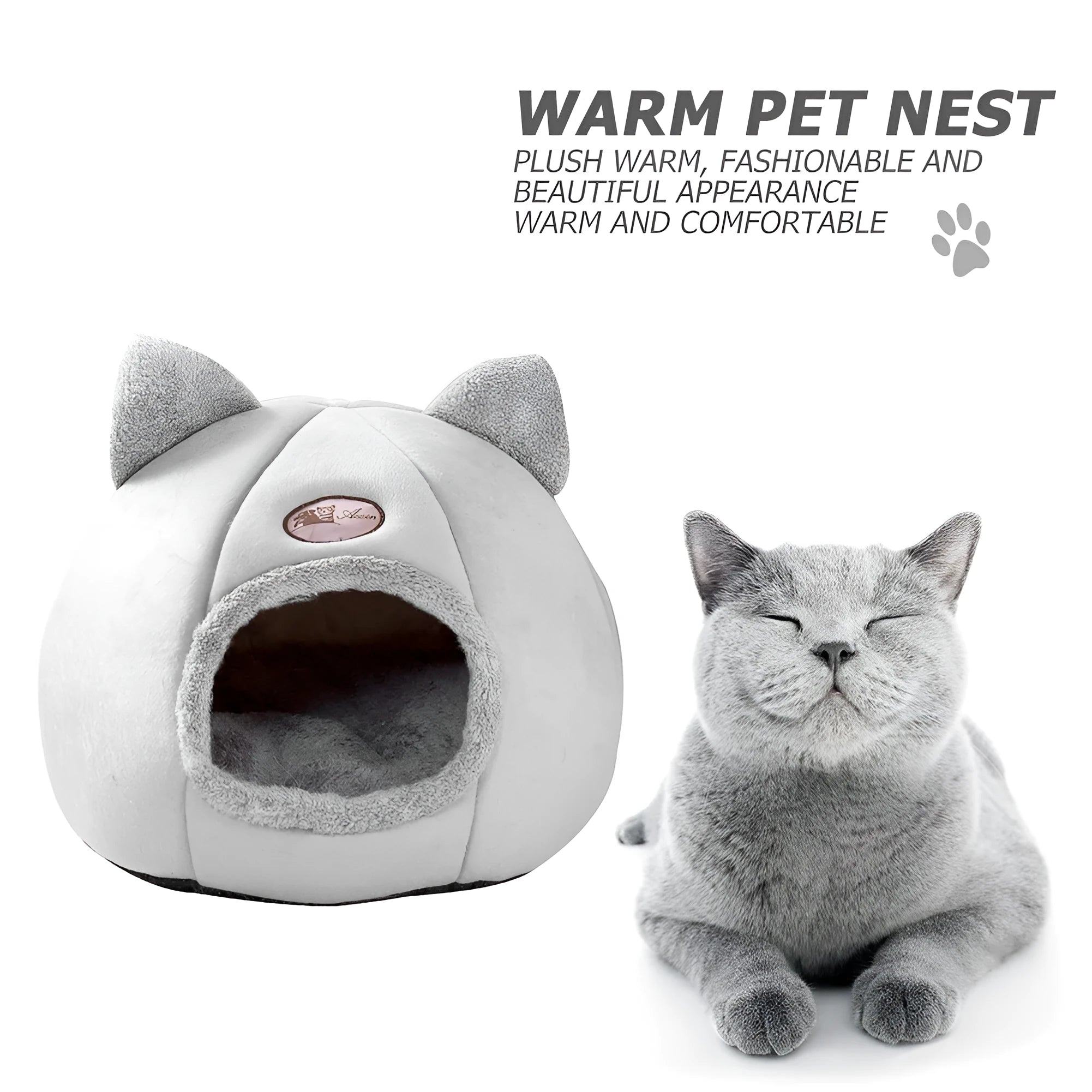 Large beige fully enclosed cat sofa winter nest with warm lining