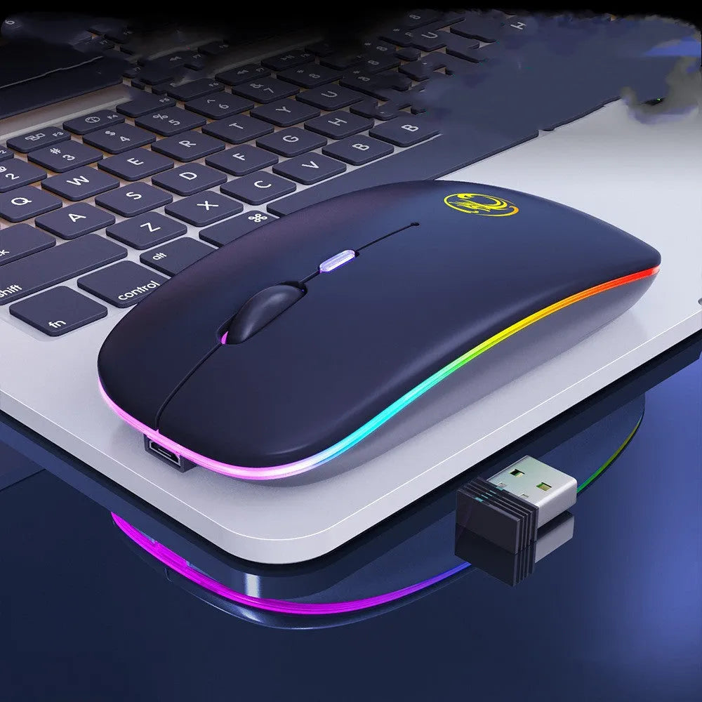 Black or white dual-mode wireless silent mouse with a scroll wheel and charging port.
