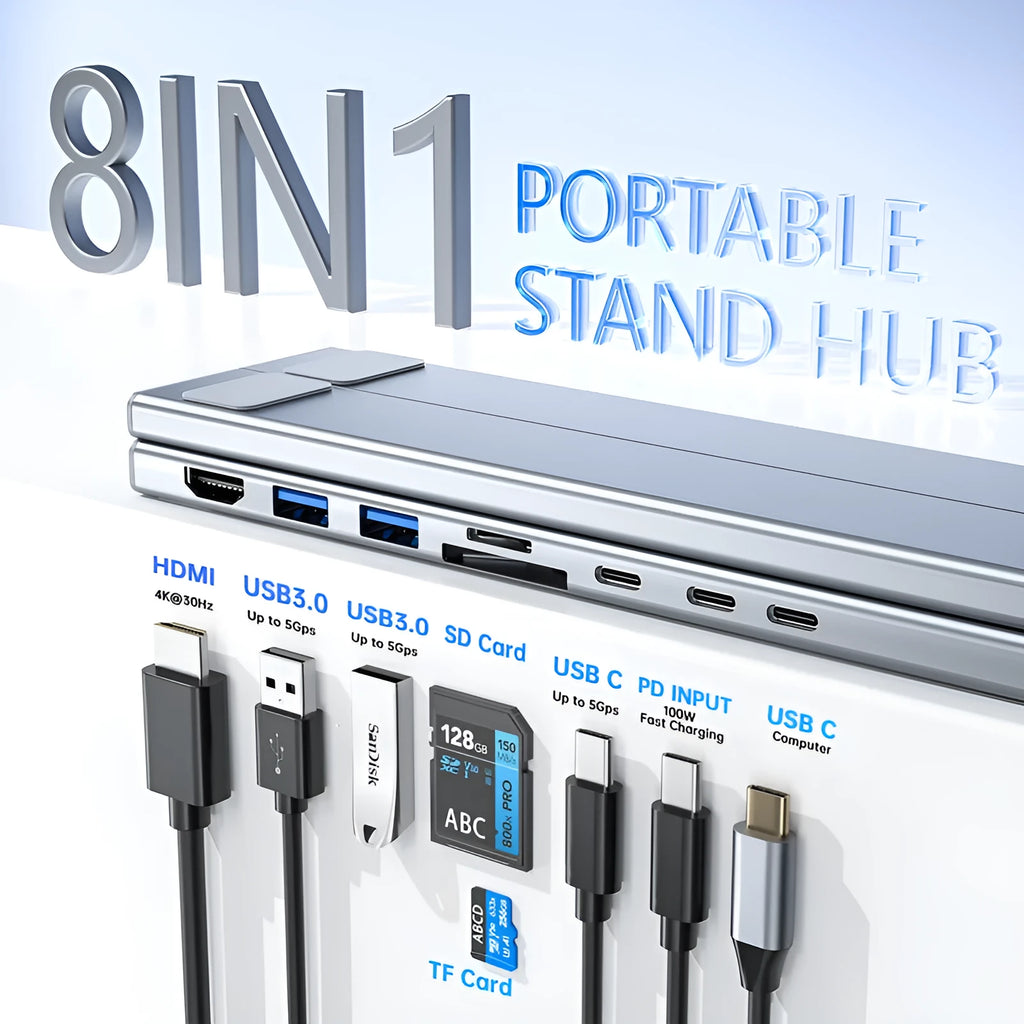 Aluminium folding laptop docking station showing 8-in-1 ports and raised stand.
