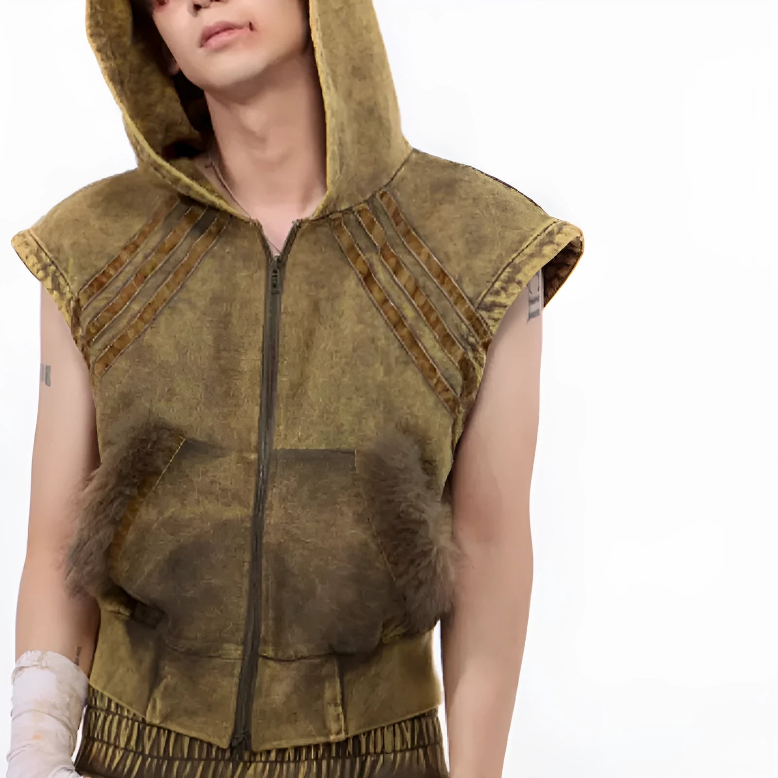 Yellow Korean streetwear set showing a hooded sleeveless vest and matching trousers on a hanger.