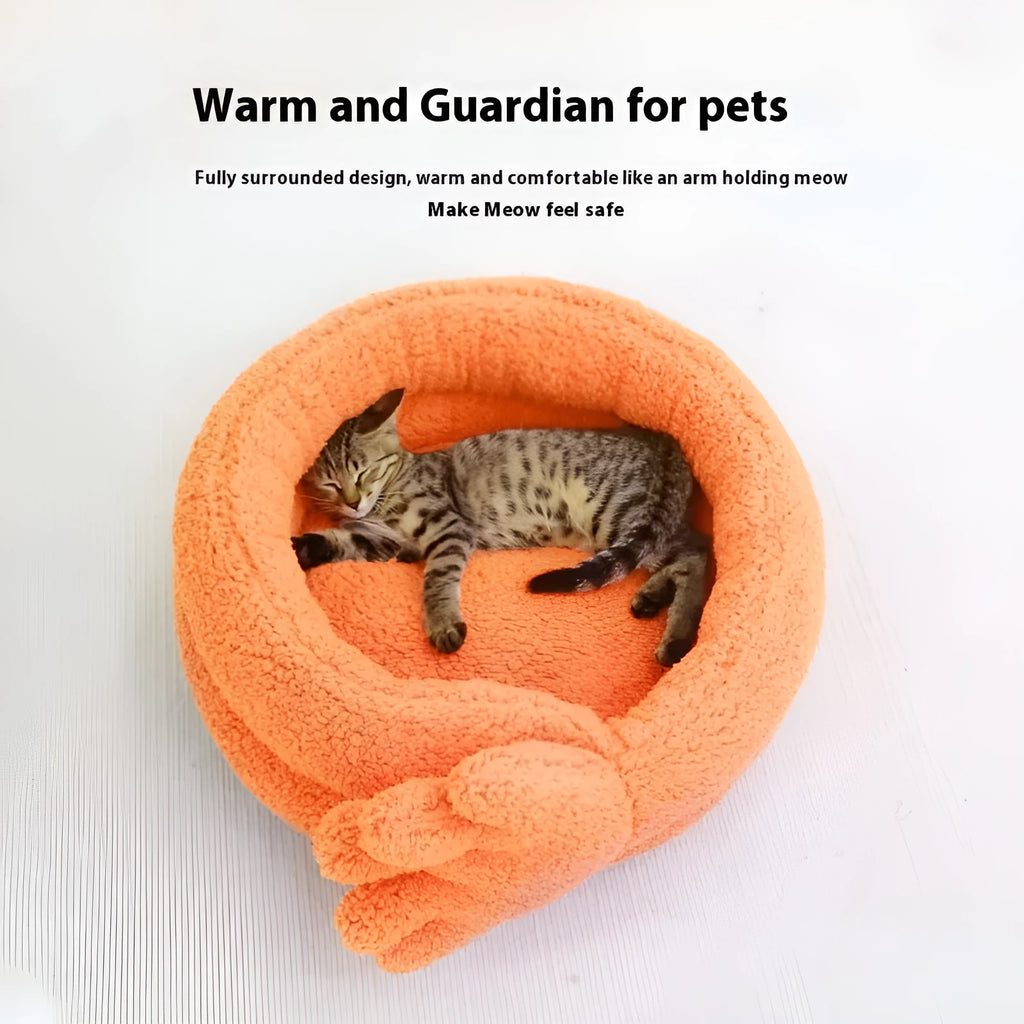 Yellow plush pet kennel with mattress for cats and dogs, showing its 48 cm length.