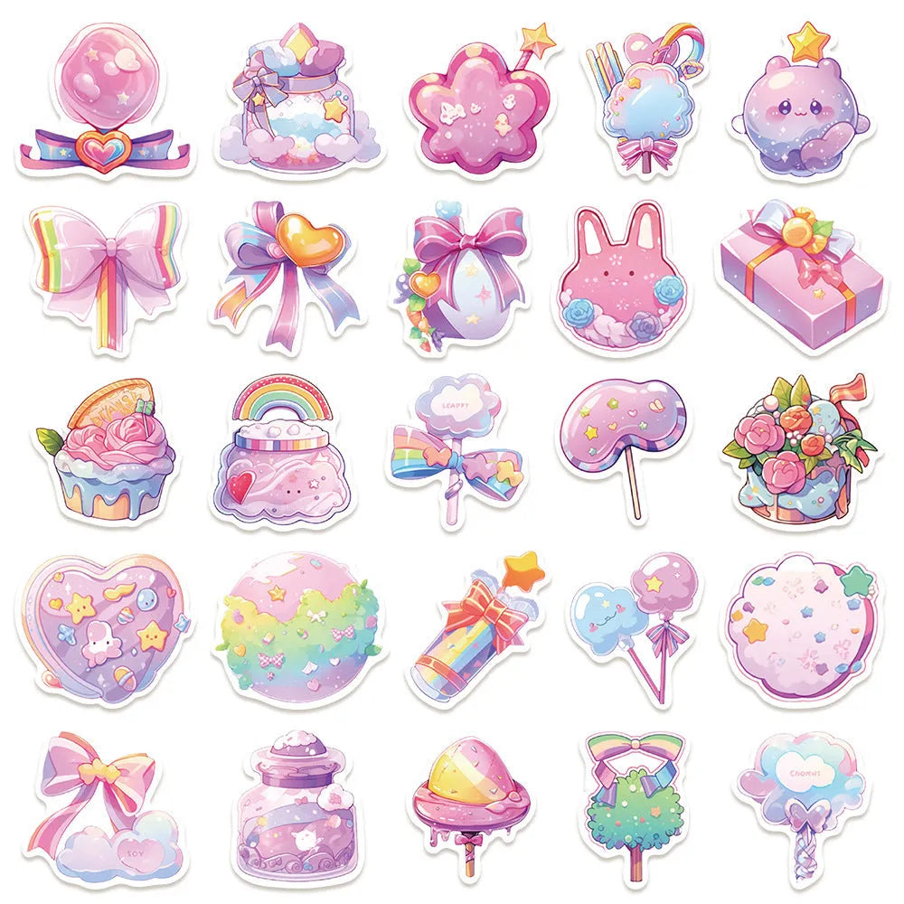 Pack of 50 cute candy-themed waterproof decorative stickers, sizes 4 to 7 cm.