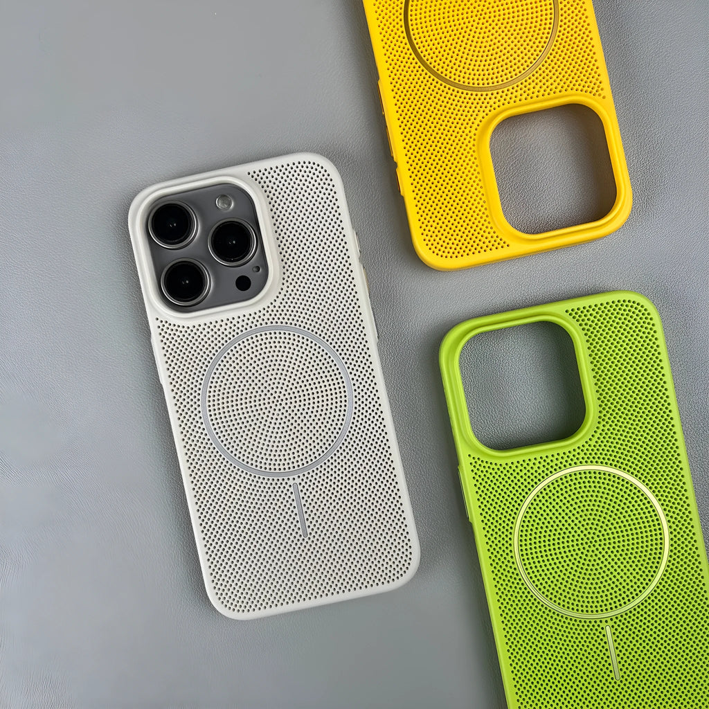 Frosted magnetic iPhone case in blue showing heat dissipation design and shockproof construction