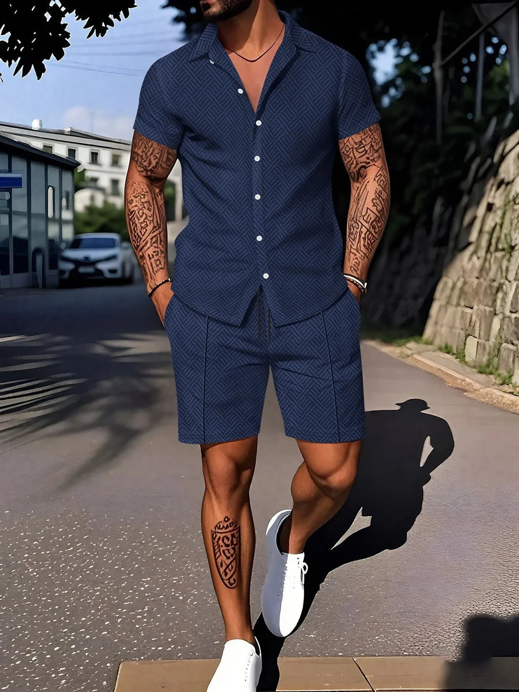 Men's casual short sleeve suit set with digital print design, showing top and shorts in a light colour.